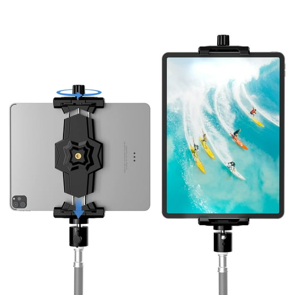 Adaptateur de Montage sur Trépied pour iPad et Téléphone avec Tête à Bille, Support pour Trépied, Pince Rotative à 360° pour Tablette Compatible avec iPad Pro 12.9, iPad Air Mini 3 4, Galaxy Tab, Surface Pro, Selfie Stick(5.3-10.6 Pouces)