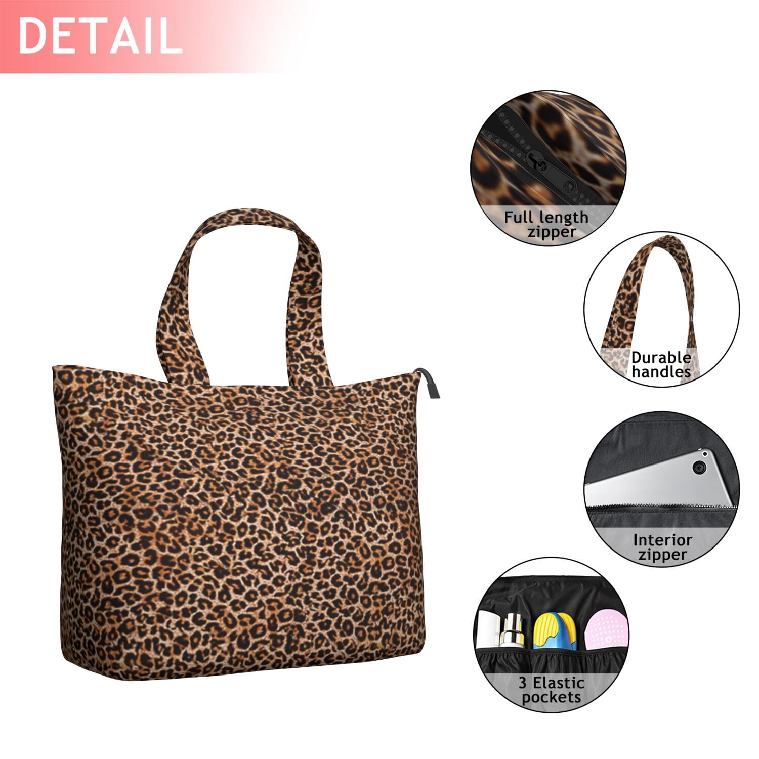 Brown and Black Leopard Print Travel Tote Bags for Women Carry On,Large Weekender Bags for Women Travel,Multi Functional Duffle Bag for Work,Shopping,Sports