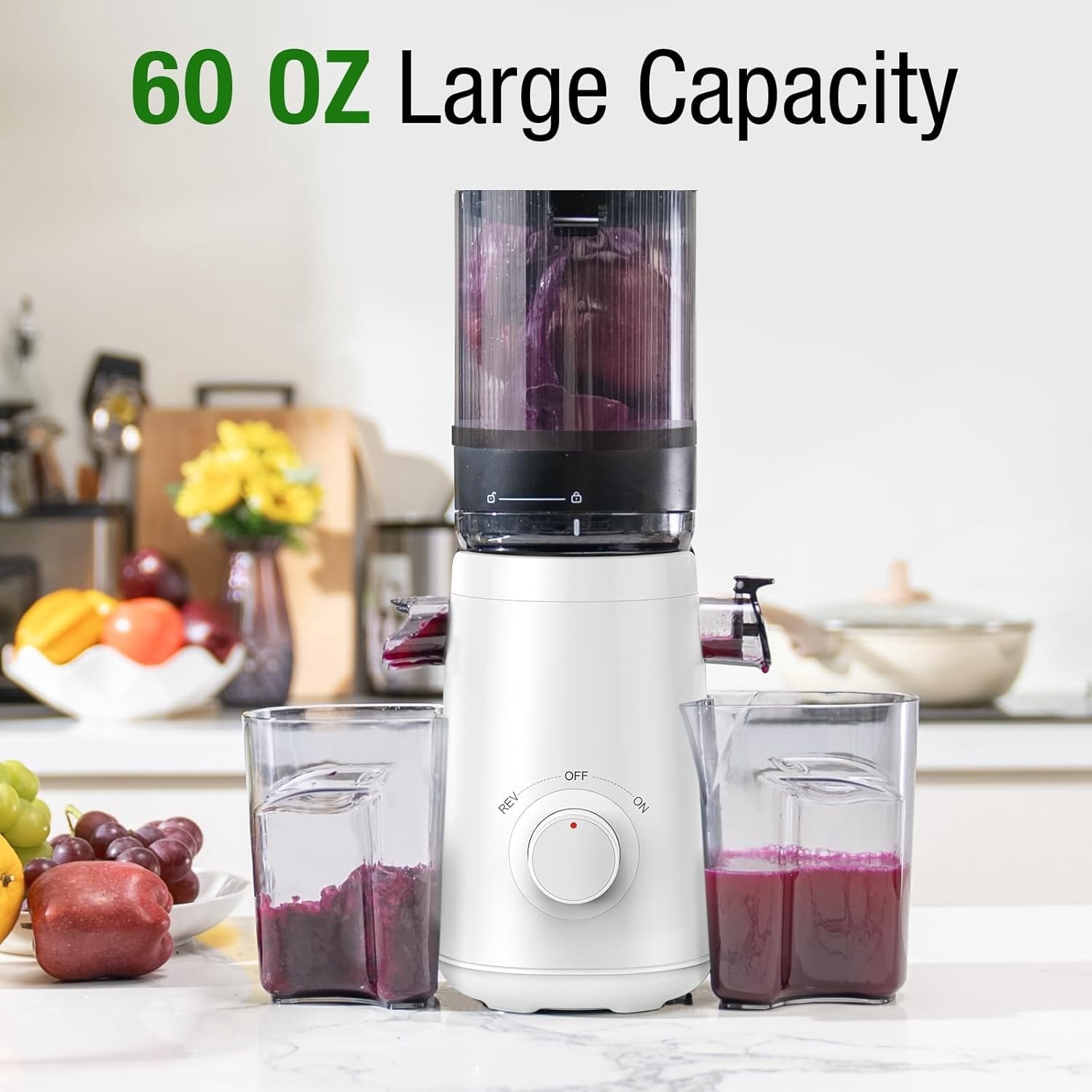Cold Press Juicer Machine, 5.3 Inch  Feed Chute for Whole Fruits, Easy to Clean Slow Juicer, High Yield,  - Classic White