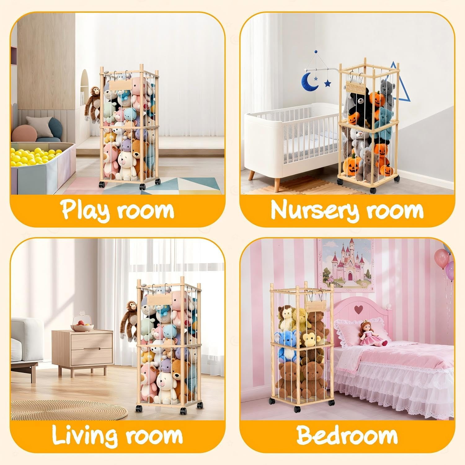 Stuffed Animal Storage & Holder, Natural Pine Wood Plushies Storage with Wheels, Large Capacity Stuffed Animal Zoo with Elastic Cord, Space Save Toy Organizer for Playroom Bedroom & Toddler Room