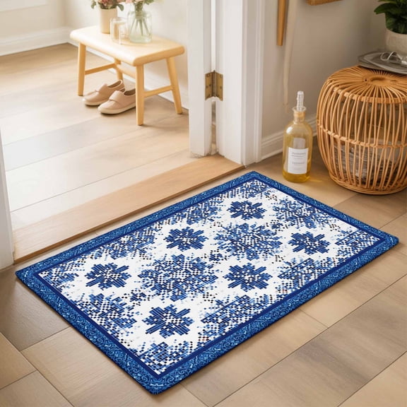 Entryway Rug 2'x3', Boho Blue Southwest Kitchen Runner Rugs Non-Slip Carpet Mats, Ethnic Western Geometric Abstract Bedside Rugs Runners Washable Floor Carpet for Bathroom Laundry Room
