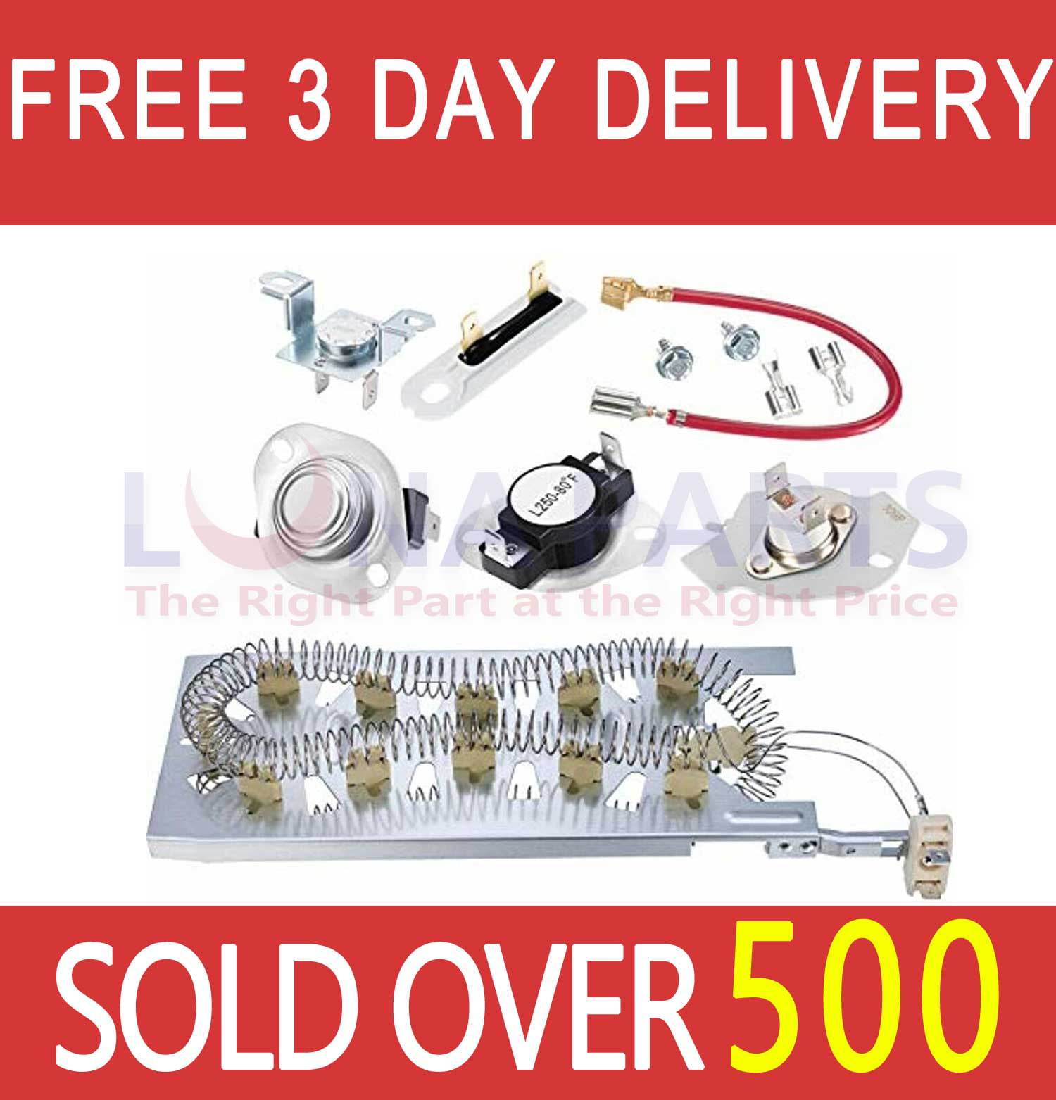 Dryer Heating Element Whirlpool Kenmore Sears Part w/Thermostat Fuse Kit 3387747 