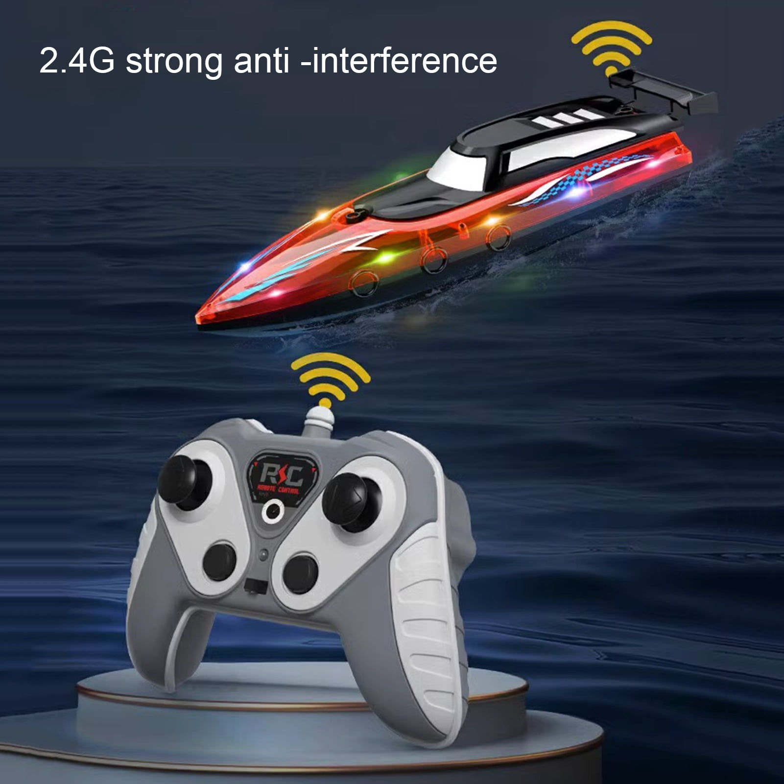 BAELLERT 1 Set Remote Control Boat Waterproof Electric RC Boat Toy with Colorful LED Lights for Outdoor Activity