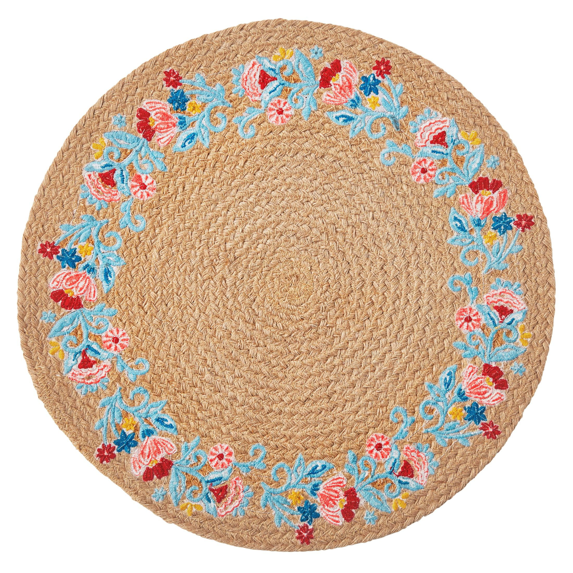 The Pioneer Woman Sweet Rose Embroidered Jute Round Placemat, Multicolor, 15"