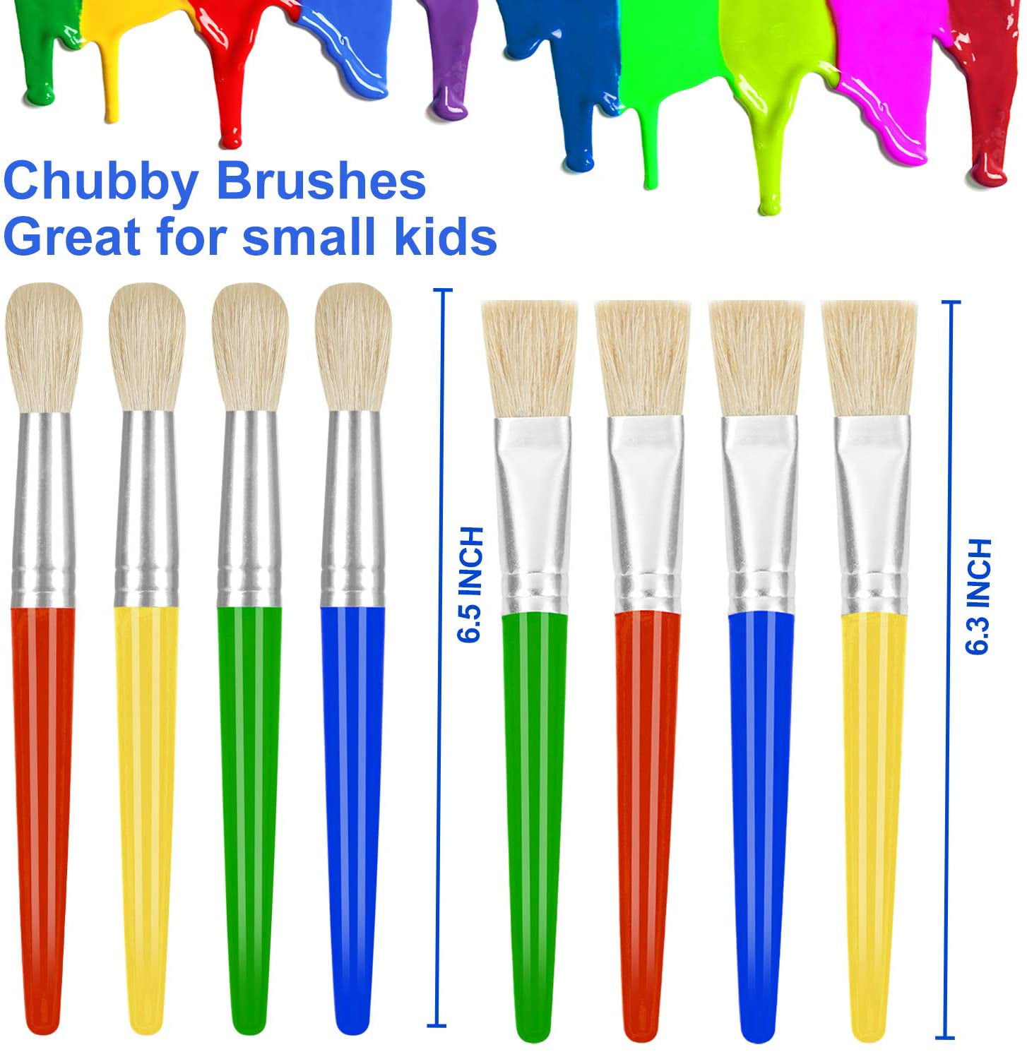 JCF Kids Paint Brushes with Plastic Handle and Hog Bristles 4 PCS Flat Tip Painting Brushes for children Multi Color Paint Brushes-7.4 Inch