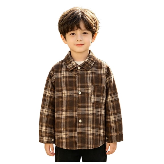 Zaveiop Boys Flannel Shirt Toddler Buffalo Plaid Shirt Long Sleeve Button Down Shirts Kids Casual Tops (5-6 Years, Coffee)
