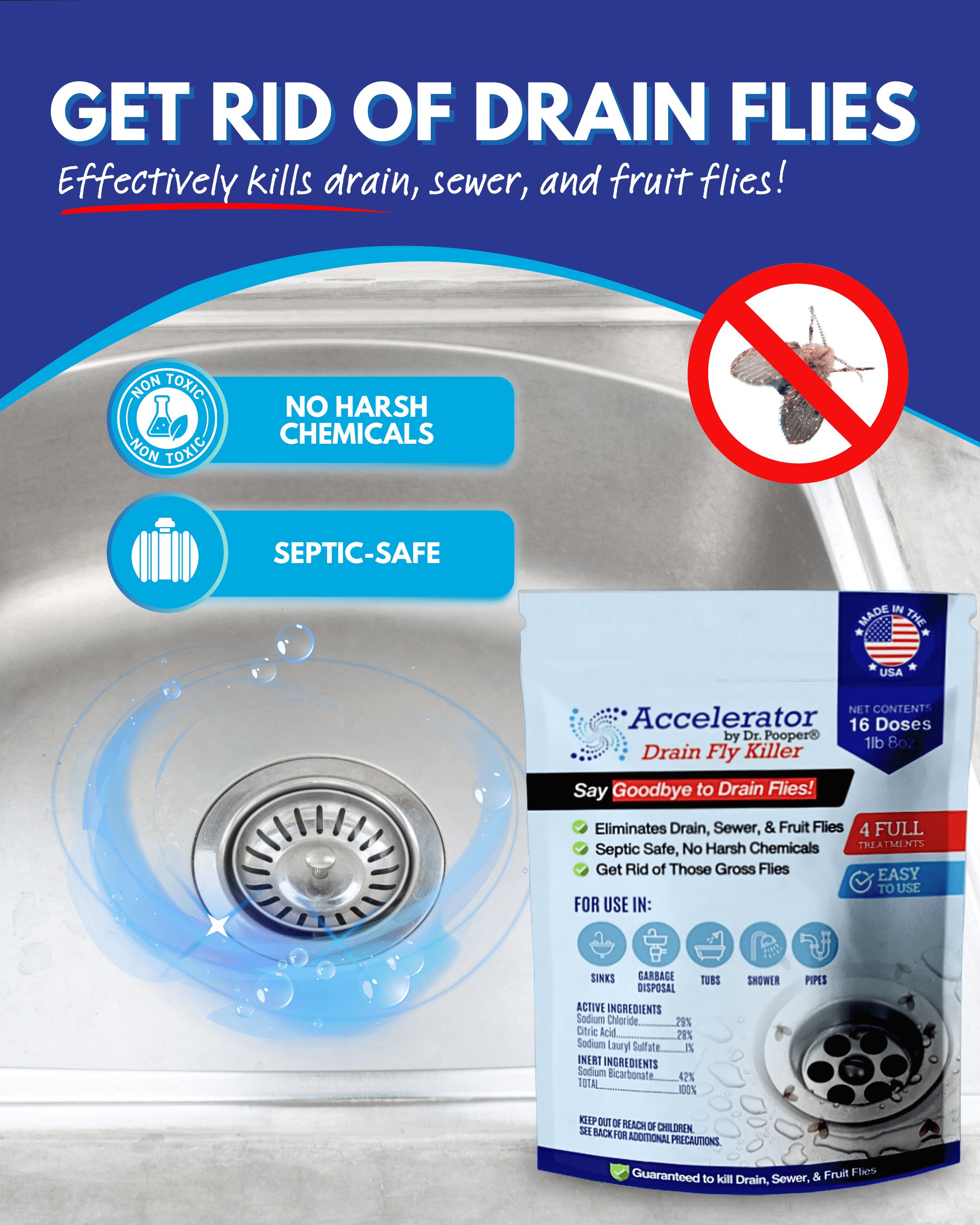Accelerator by Dr. Pooper® Drain Fly Killer – Eliminates Drain Flies and Sewer Flies in Sinks, Drains & Showers