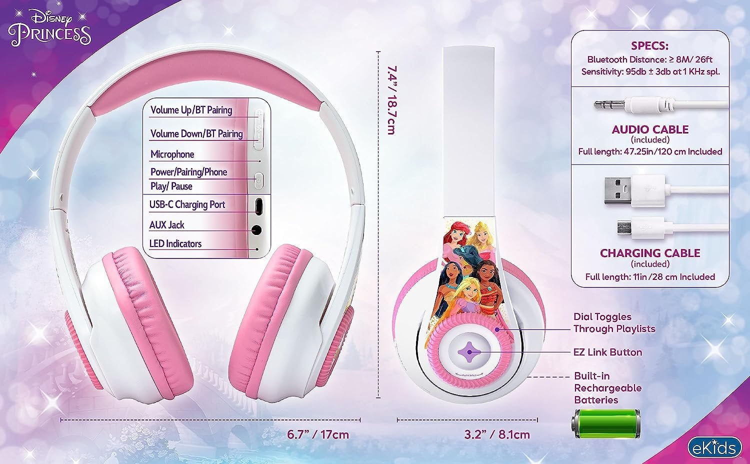 eKids Disney Princess Bluetooth Headphones with EZ Link+, Wireless Headphones with Microphone and Audio Cable, Kids Headphones for School, Home, or Travel