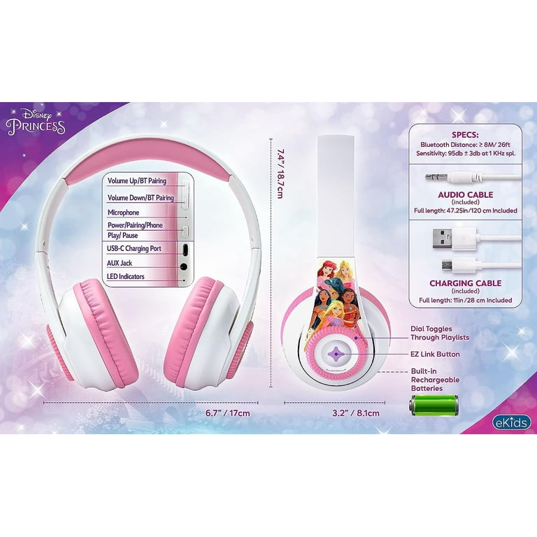 eKids Disney Princess - Auriculares Bluetooth con EZ Link, auriculares  inalámbricos con micrófono y cable auxiliar, auriculares para niños para