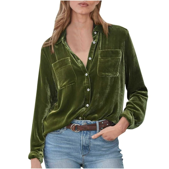 EQWLJWE Blouses à Manches Longues pour Femmes Haut Uni Rétro en Velours Doré à Manches Longues Haut/chemise à Manches Longues et Col en V