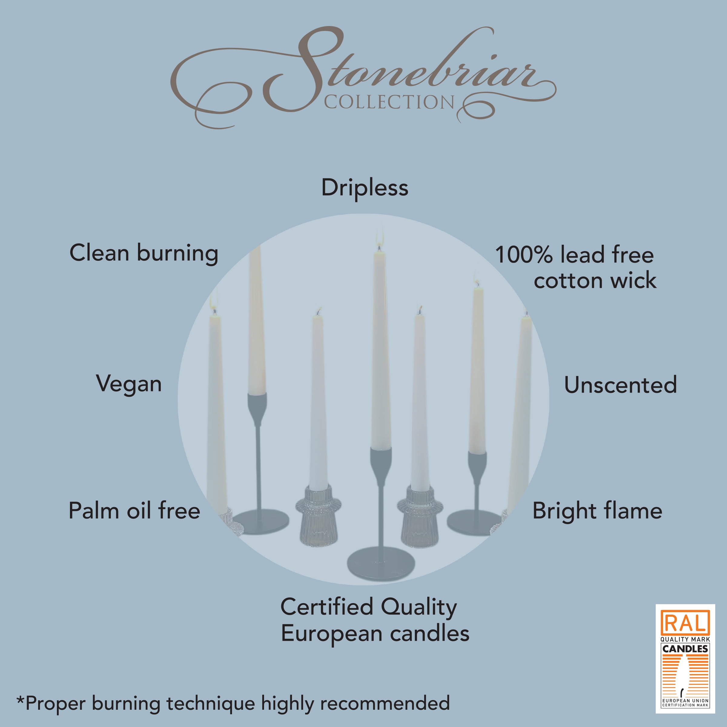 Stonebriar Unscented 10" Dripless Taper Candles with 7 Hour Burn, 30 Pack, White
