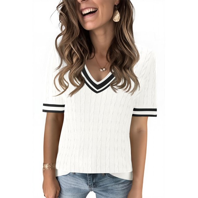 Jersey Kistore de verano, manga corta, cuello en V, tejido trenzado para mujer