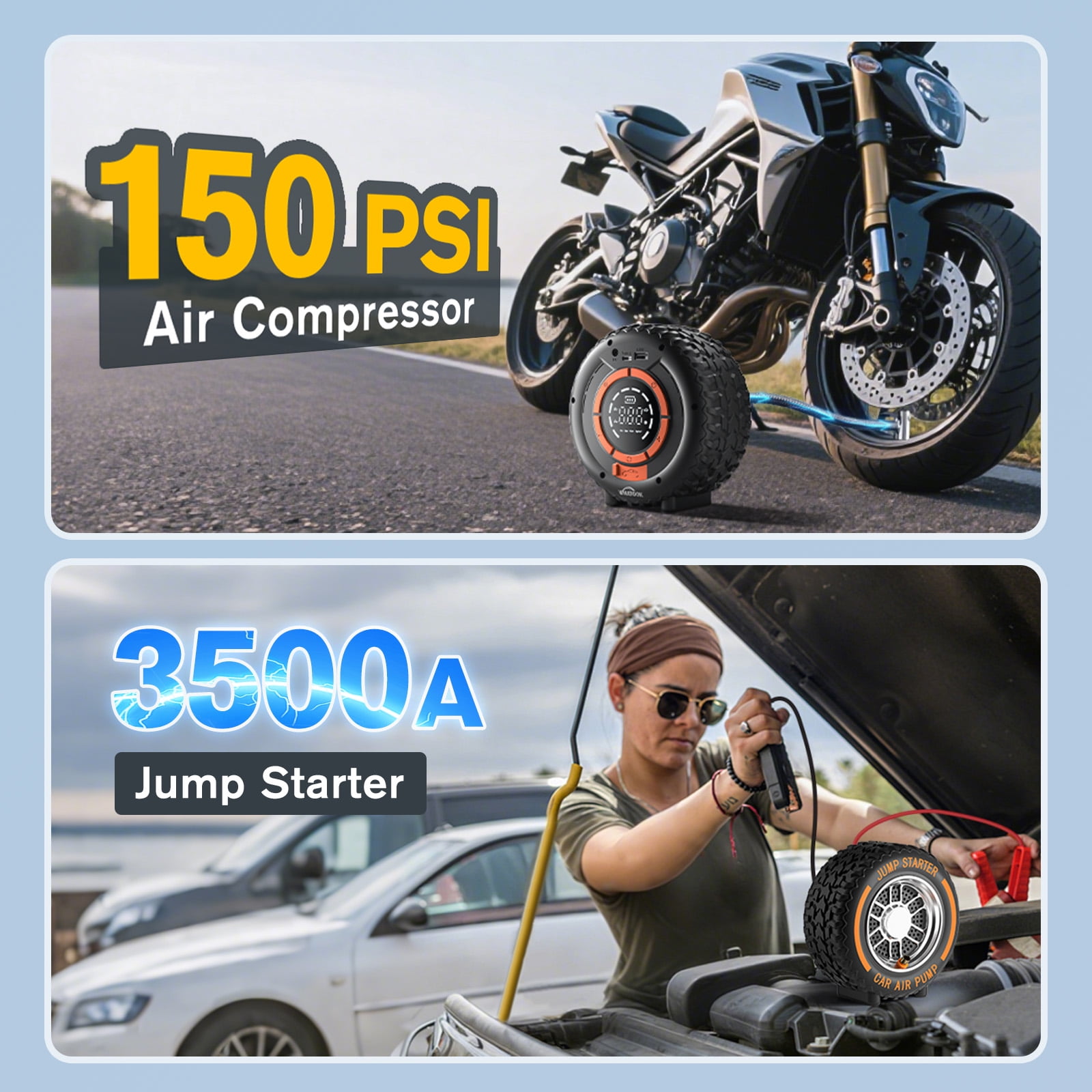 Portable Jump Starter with Air Compressor , 3500A 12V Car Battery Booster  (Petrol/10L Diesel),150PSI, LCD, Emergency Light