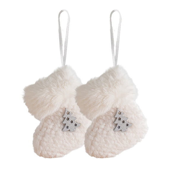 Dongrere 2 Pcs Fuzzy Plush Mini Stocking Ornaments Christmas Sock Pendants for Xmas Tree Holiday Decor, 3.1x3.9 Inch, White