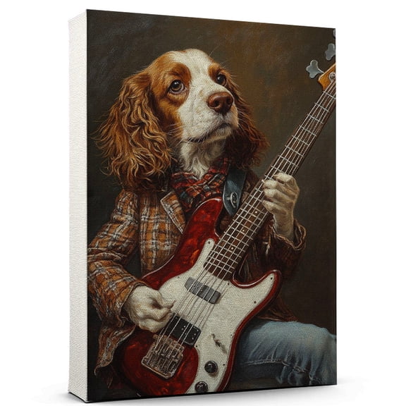 Welsh Springer Spaniel Vintage Dog – Artistic Music, Welsh Springer Spaniel Dog with Bass Guitar Stretched Canvas Size 8x12 Wall Print for Bedroom, Living Room, Office