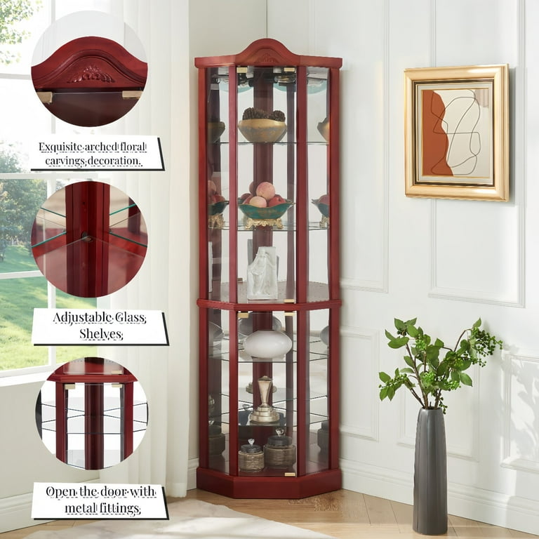 Curio Cabinet with Glass Doors Glass Display Cabinet China Cabinet with Adjustable Shelves Mirrored Back Panel Built in Lighted Corner Cabinet