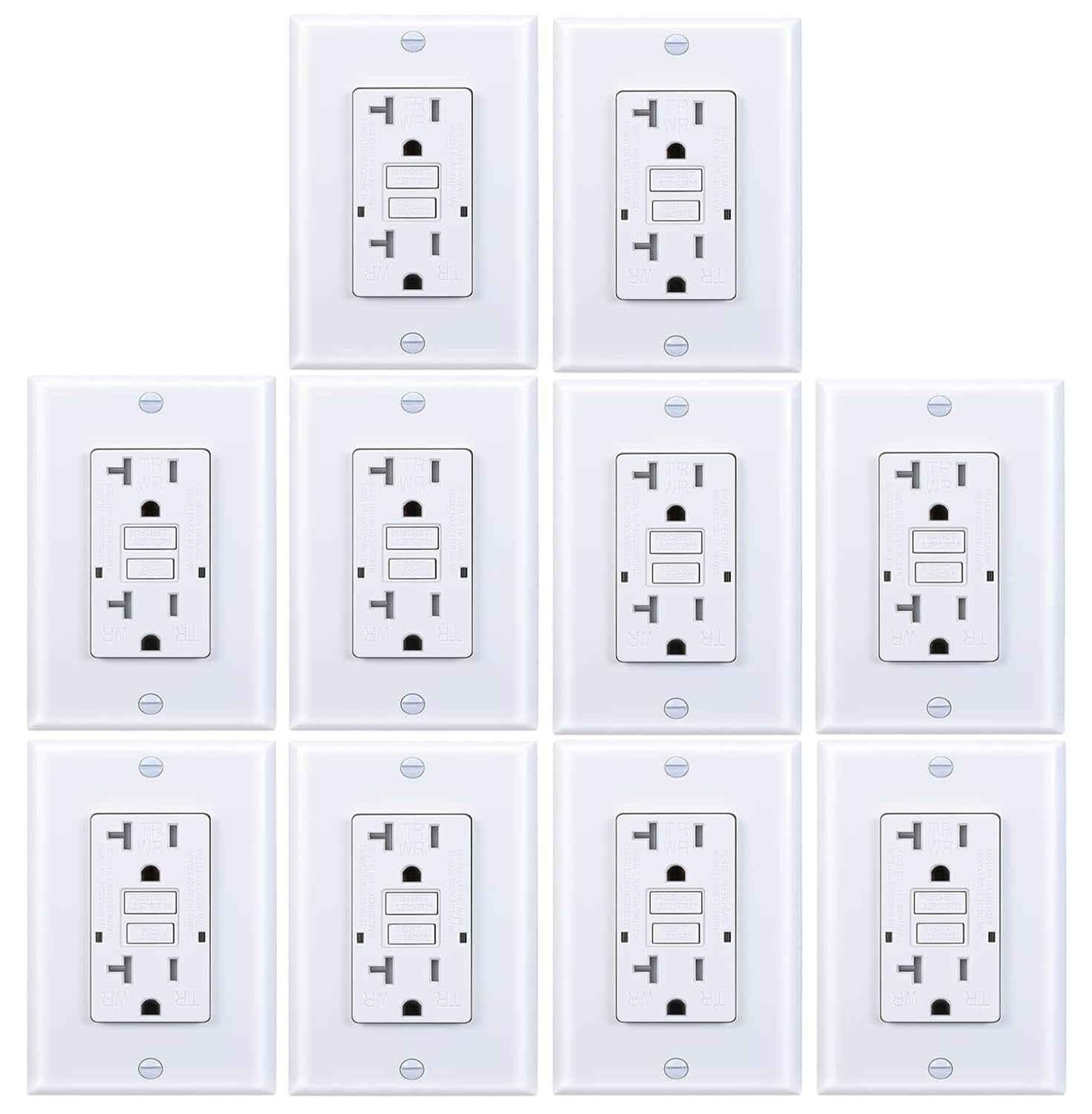 3GRACE 20 Amp GFCI Outlet, Tamper Resistant, Weather Resistant, LED Indicator, Wall Plate Included, UL Listed, White, 10 Pack