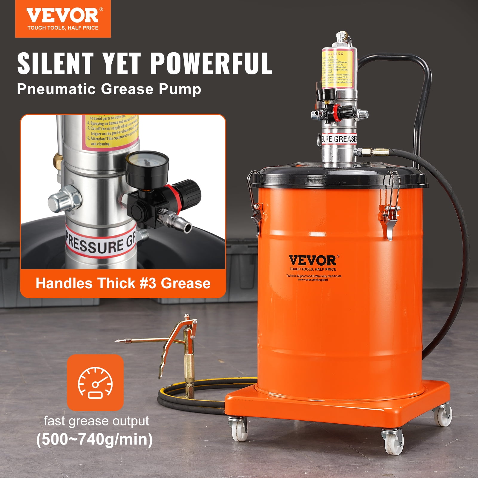 VEVOR Grease Pump, 10.5 Gallon 40L Air Operated Grease Pump with 13 ft High Pressure Hose and Grease Gun, Pneumatic Grease Bucket Pump with Wheels, Lubrication Grease Pump 50:1 Pressure Ratio