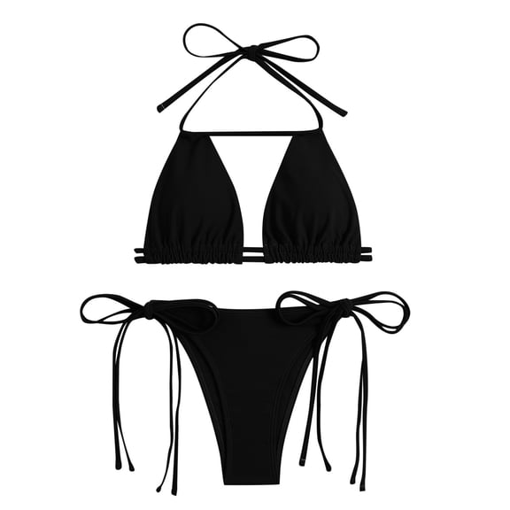 Curuila Two Piece Swimsuit For Women Solid Color Crew Neck Halter Fashionable Comfort Swimwear Black Size S