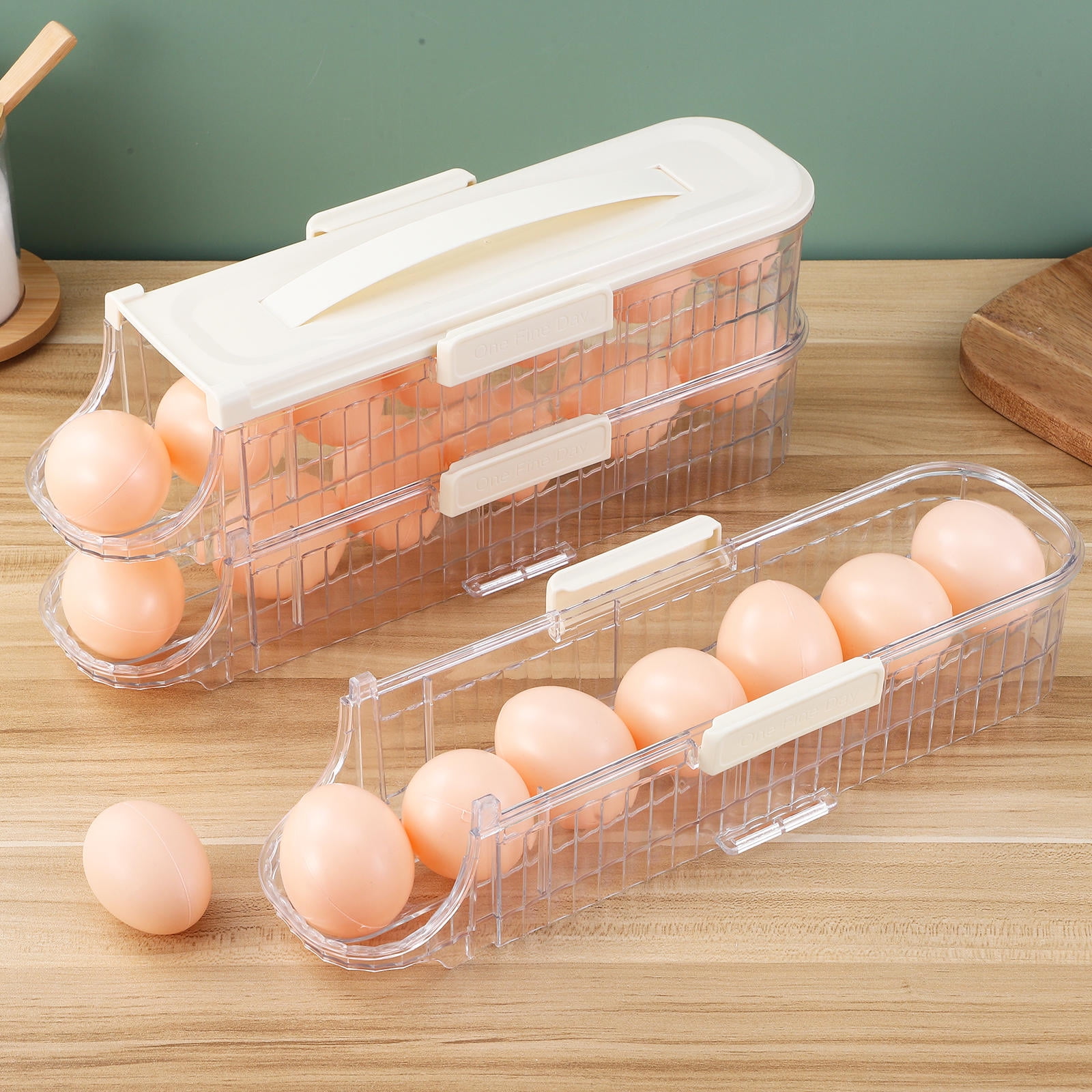 FOMIYES White Storage Box for Refrigerator with Rolling Dispenser and Portable Carry Handle, Kitchen Organizer