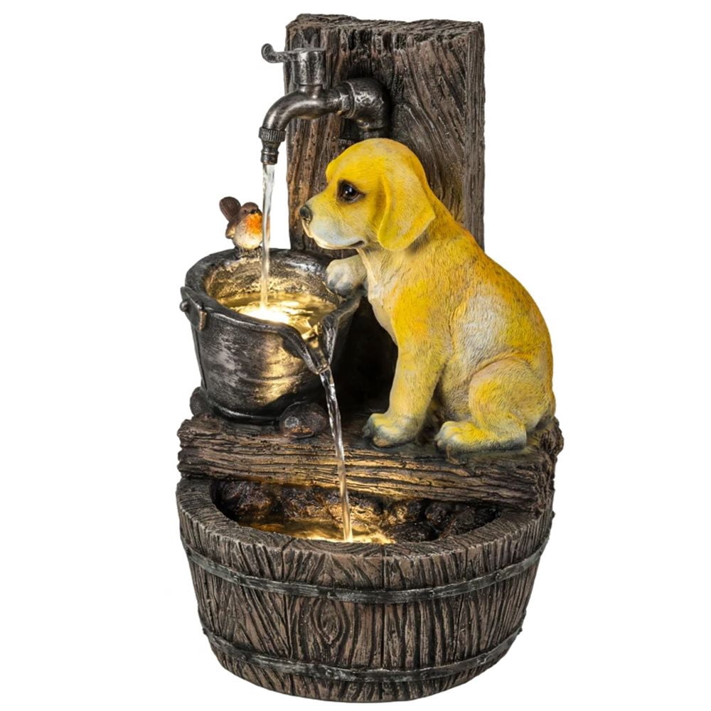Outdoor 3-Tier Water Fountain with Puppy Bird Figurine Warm LED Lights 3-Speed Pump Rustic Brown for Garden Patio Yard