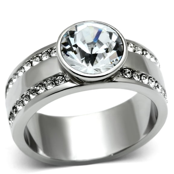 RareGem TK646 - High polished (no plating) Stainless Steel Ring with Top Grade Crystal in Clear