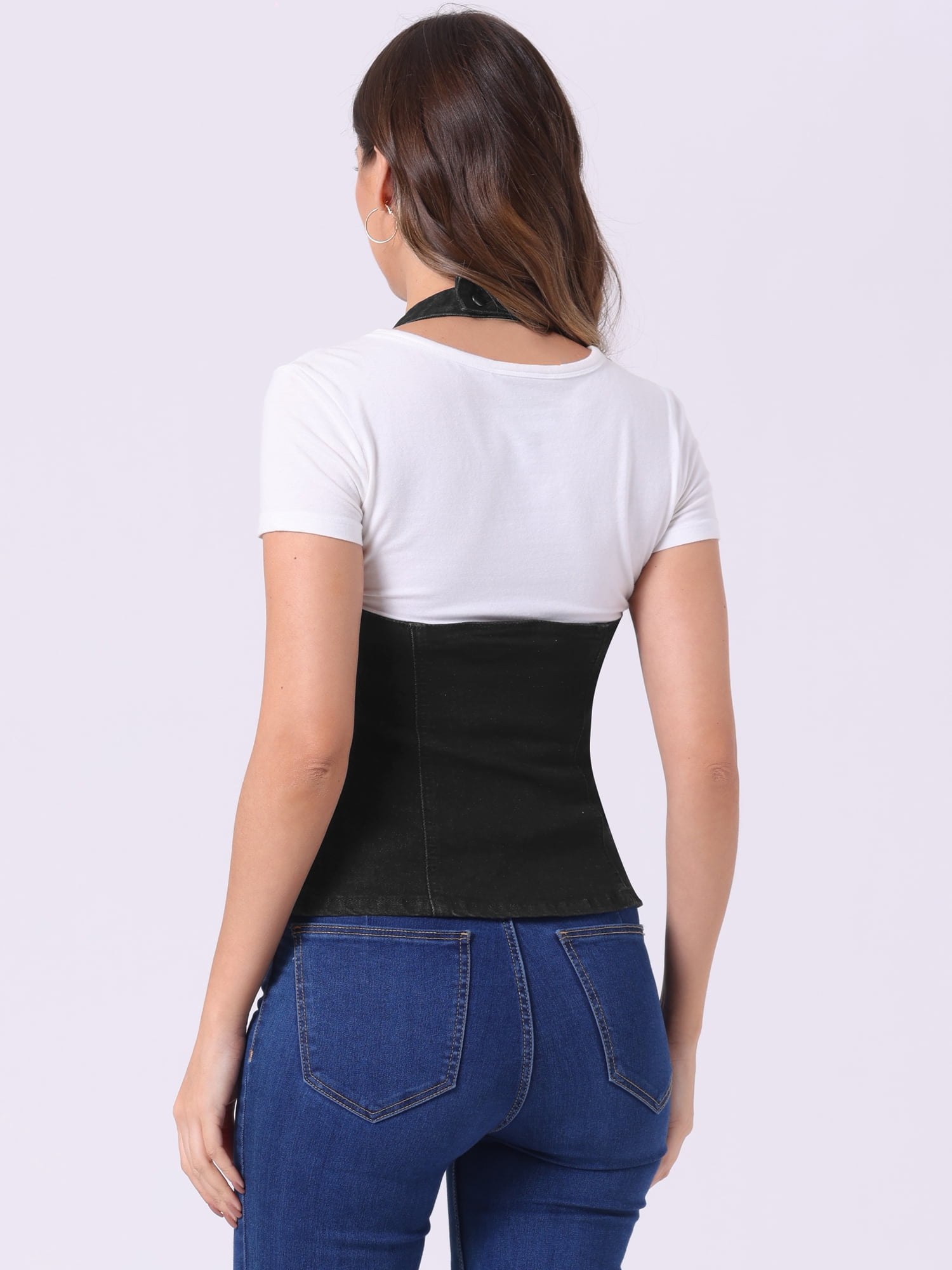 DARING DIVA Women's Halter Neck Button Down Backless Jean Waistcoat XL Black