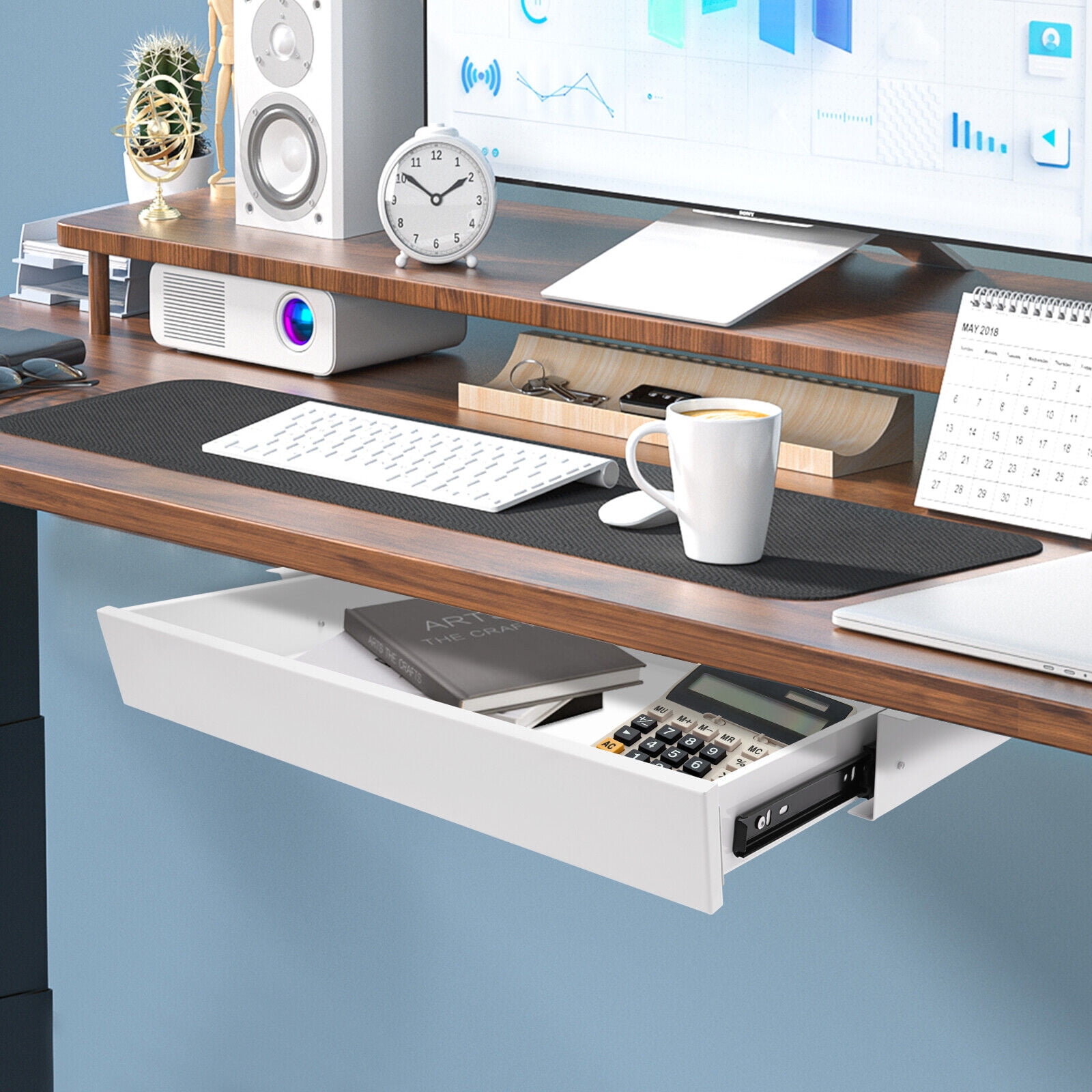 Stand up Desk Store Add-on Office Sliding Under-Desk Drawer Storage Organizer White