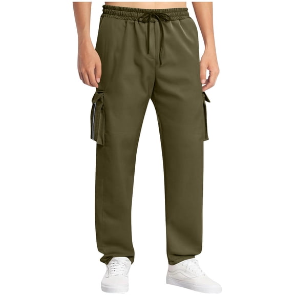 Inleife Fleece-Lined Pants for Men Casual Solid Multiple Pockets Outdoor Straight Type Fitness Pants Cargo Pants Trousers