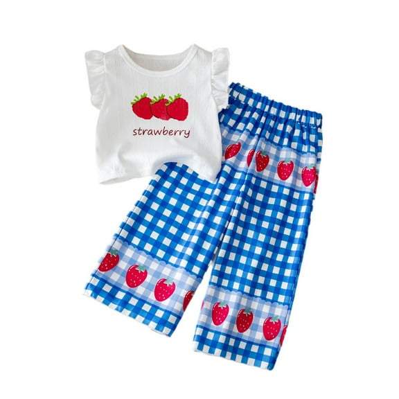 MEZZALL Toddler Girls Fly Sleeve Strawberry Prints Tops Plaid Pants Outfits Dailywear Breathable / 3-4 Years