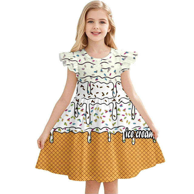 WEIYLL Robes pour Filles Sans Manches Manches Volantes Robe Blanche Imprimée Crème Glacée pour Enfants 3-4 Ans