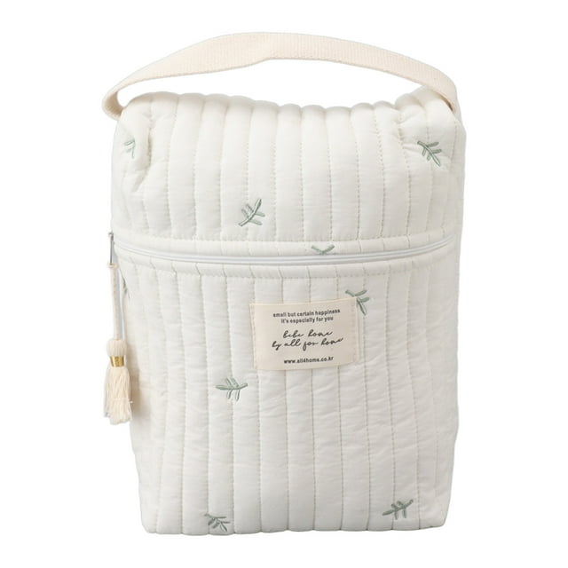 Bonita bolsa de pañales con estampado bordado y acolchado, de algodón, para cochecito de bebé, con cremallera, para biberones, toallitas, chupete y hojas.