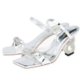 thumbnail image 2 of FSJ Women Elegant Rhinestone Bowknot Square Open Toe Sandals Ankle Strap Chain Block Mid Heel Mules Party Slides Dress Shoes Size 5.5 Silver, 2 of 4