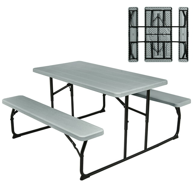 Costway Ensemble de Table et Banc de Pique-Nique Pliant pour Intérieur et Extérieur avec Texture Boisée Gris