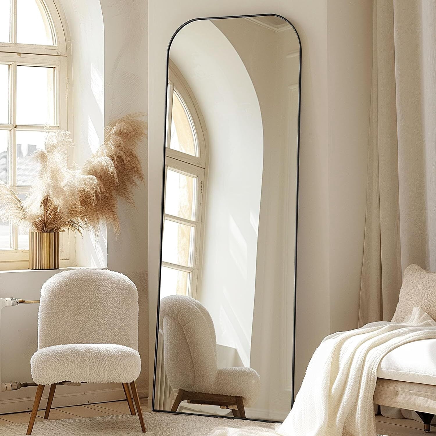 Easy4Home 64"x21" Arched Full Length Mirror Metal Frame Freestanding Mirror Wall-Mounted, Black