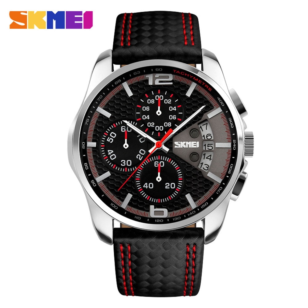 SKMEI New Men Sport Watch Leather Fashion Waterproof Date Luxury Business Man Chronograph Watch Black