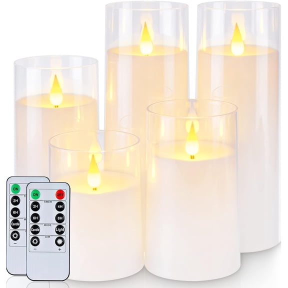 Homemory Pure White Flickering Flameless Candles, Battery Operated Acrylic LED Pillar Candles with Remote Control and Timer, Set of 5