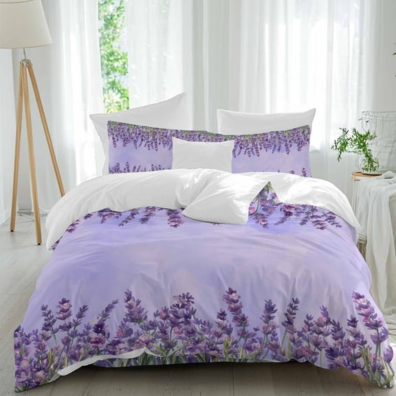 Lavender Twin Size Comforter Set, Spring Purple Flowers Watercolor Style Bedding for All Seasons, 4 Pcs Bed Set, 1 Quiltcover (68"x86") ,1Sheet(67"x116"), 2Pillowcases (30"x20")