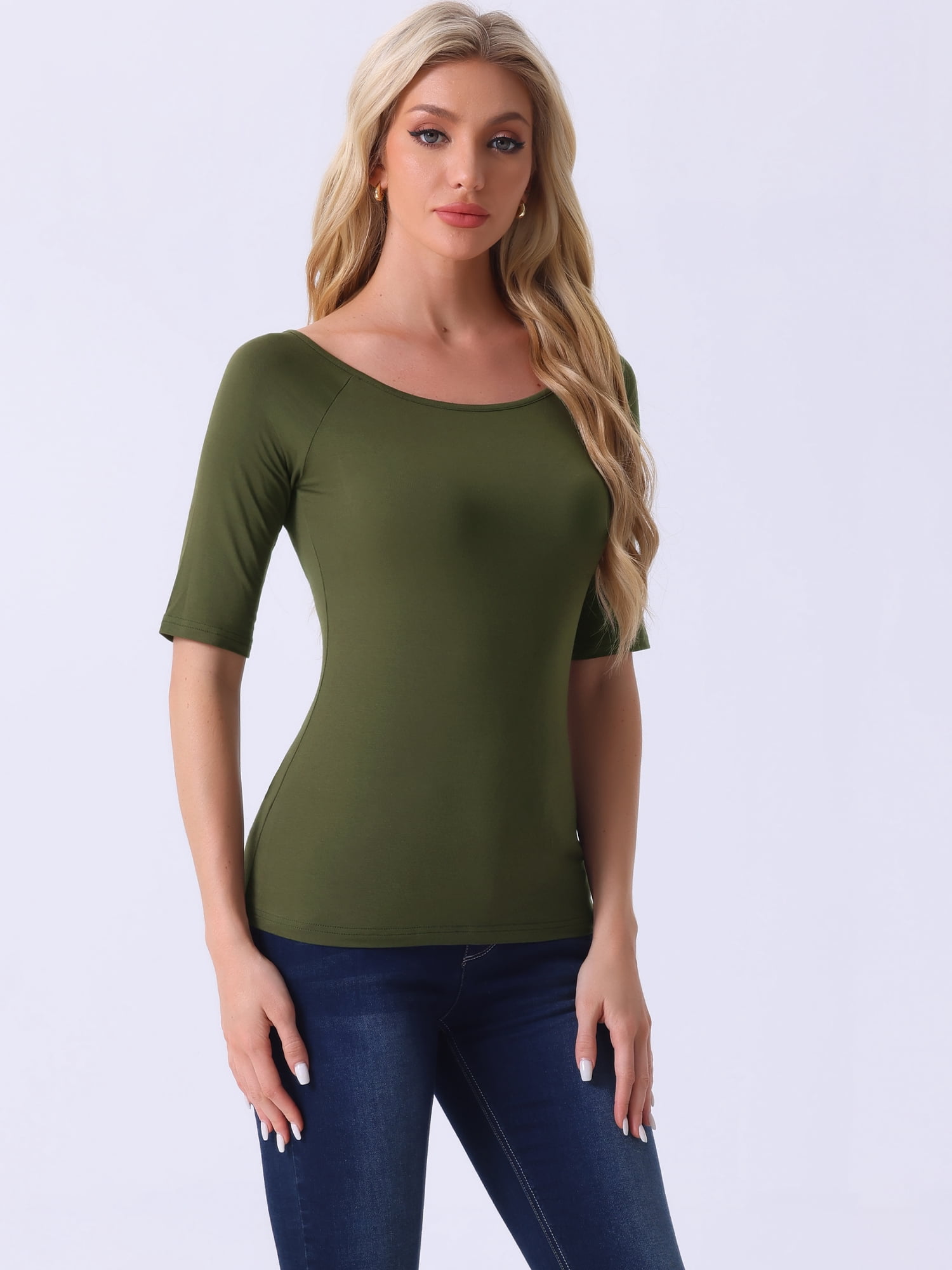 DARING DIVA Women's Slim Fit Pullover Boat Neck Stretchable T-Shirt XS Army Green