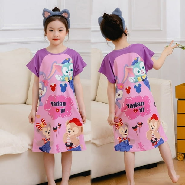 Pijamas infantiles de verano para niñas, lindos pijamas de manga corta con cuello redondo de dibujos animados, ropa de hogar holgada y delgada para niñas de talla mediana y niños mayores