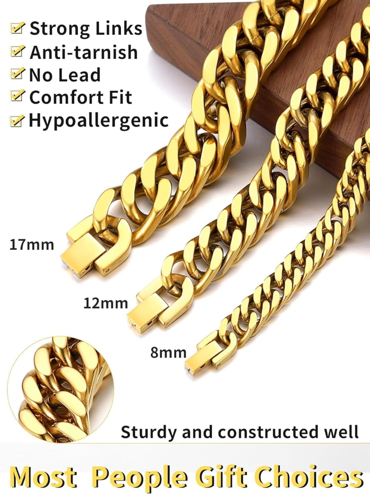 ChainsHouse 14k Gold Plated Cuban Link Bracelet for Men Chunky 8mm/12mm/17mm Width Men's Chain Bracelets Stainless Steel Punk Jewelry Gift