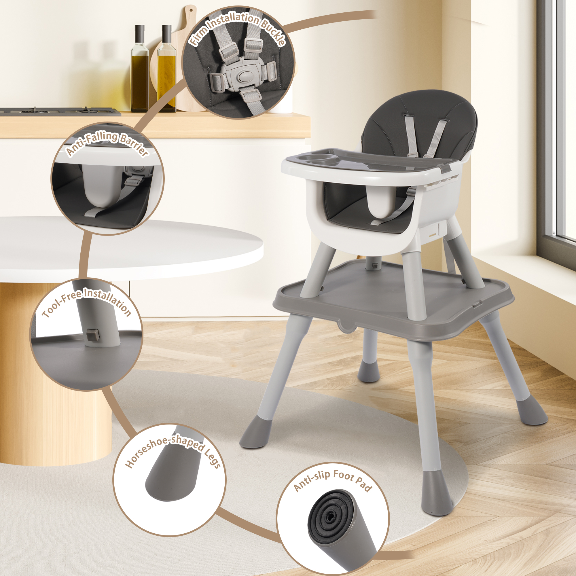 Signature Fitness Plastic Baby High Chair with Tray, Gray-White Feeding Chair for Toddlers