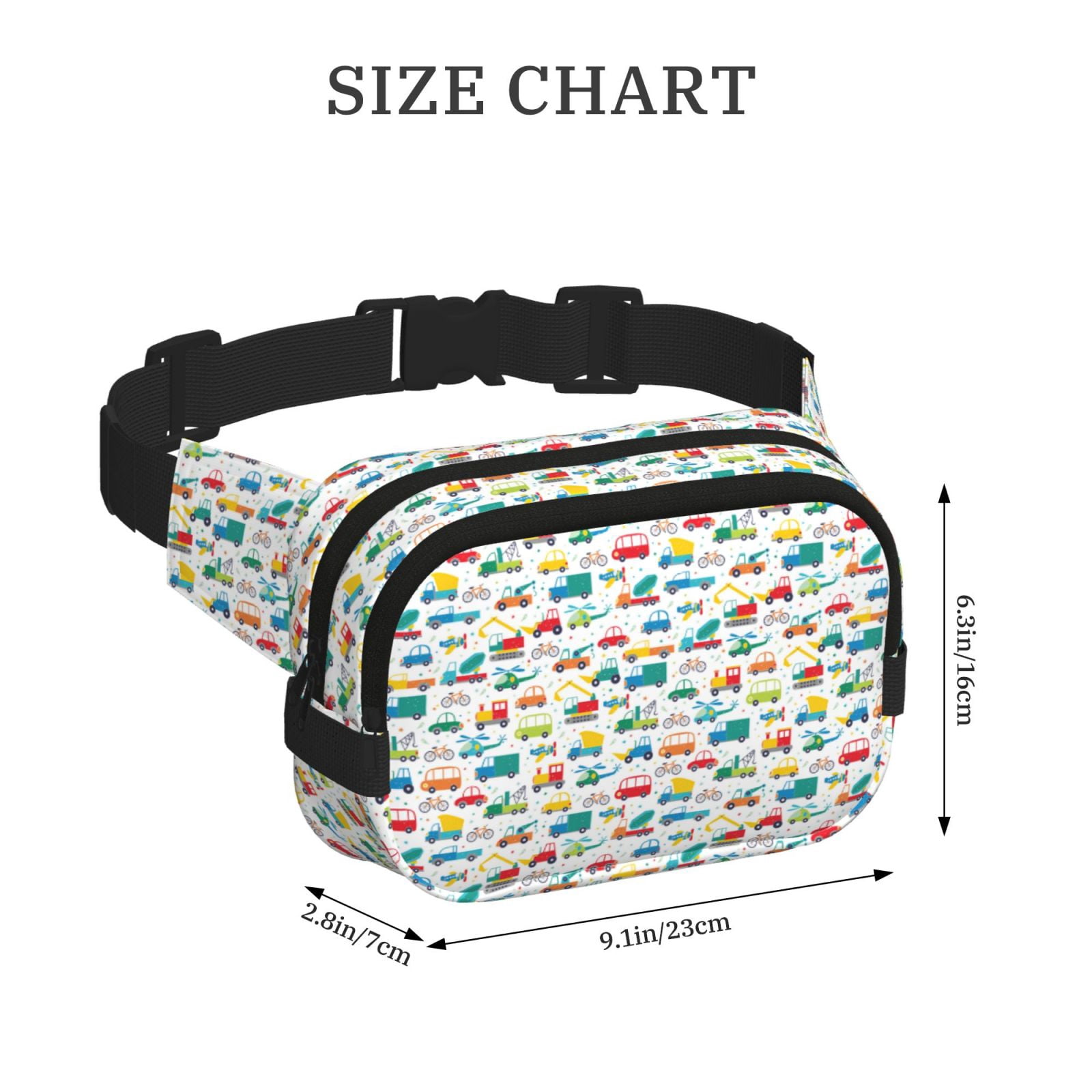 Picia Cute Transport Print Square Double-Layer Waist Bag Mini Adjustable Waist Belt Bag Exercise Running Travel Hiking