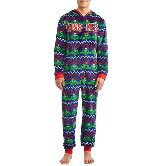 Dec 25th Mistletoe Mens Ugly Christmas Sweater Minky Fleece Drop Seat Union Suit Pajamas (Large (42-44)), Blue