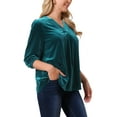 thumbnail image 3 of INSPIRE CHIC Women's Velvet Tops V Neck 3/4 Puff Sleeve Fall Winter Trendy Casual Tunic Blouse Loose T-Shirt XL Peacock Blue, 3 of 6