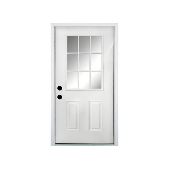 36x80 Fiberglass Front Entry Door with 4-9/16in Vinyl Frame & 9-Lite Low-E Glass - Preprimed White Oak Grain Knock-Down Design for Residential Right-Hand Inswing