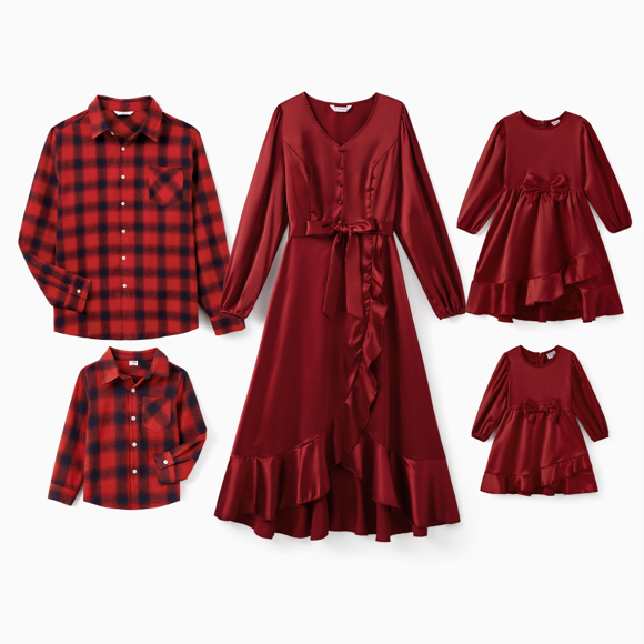 PatPat Red Matching Family Outfits Silky Satin Long Puff Sleeves Dress or Plaid Shirt