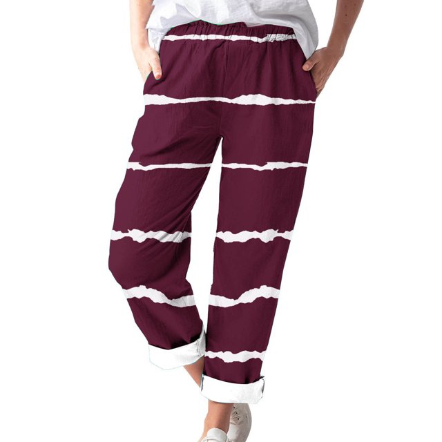 Timegard Womens Plus Size Pants Striped Straight Leg Elastic Waist Lounge Pants with Pockets Fall Travel