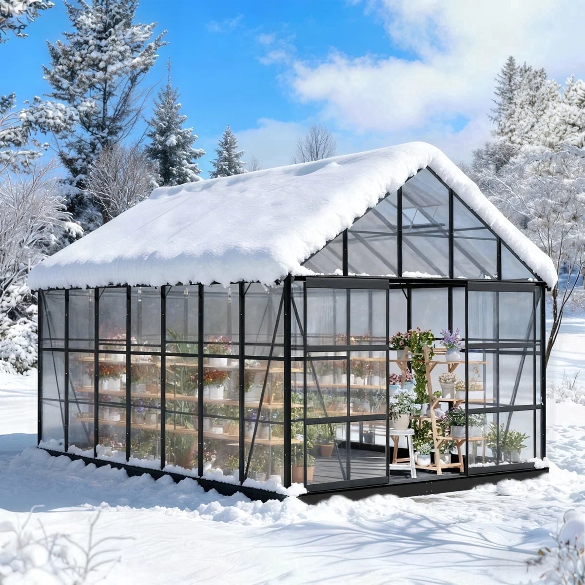 10ft x 14ft, Walk-In Polycarbonate Greenhouse with 4 Adjustable Roof Vents, Aluminum Frame