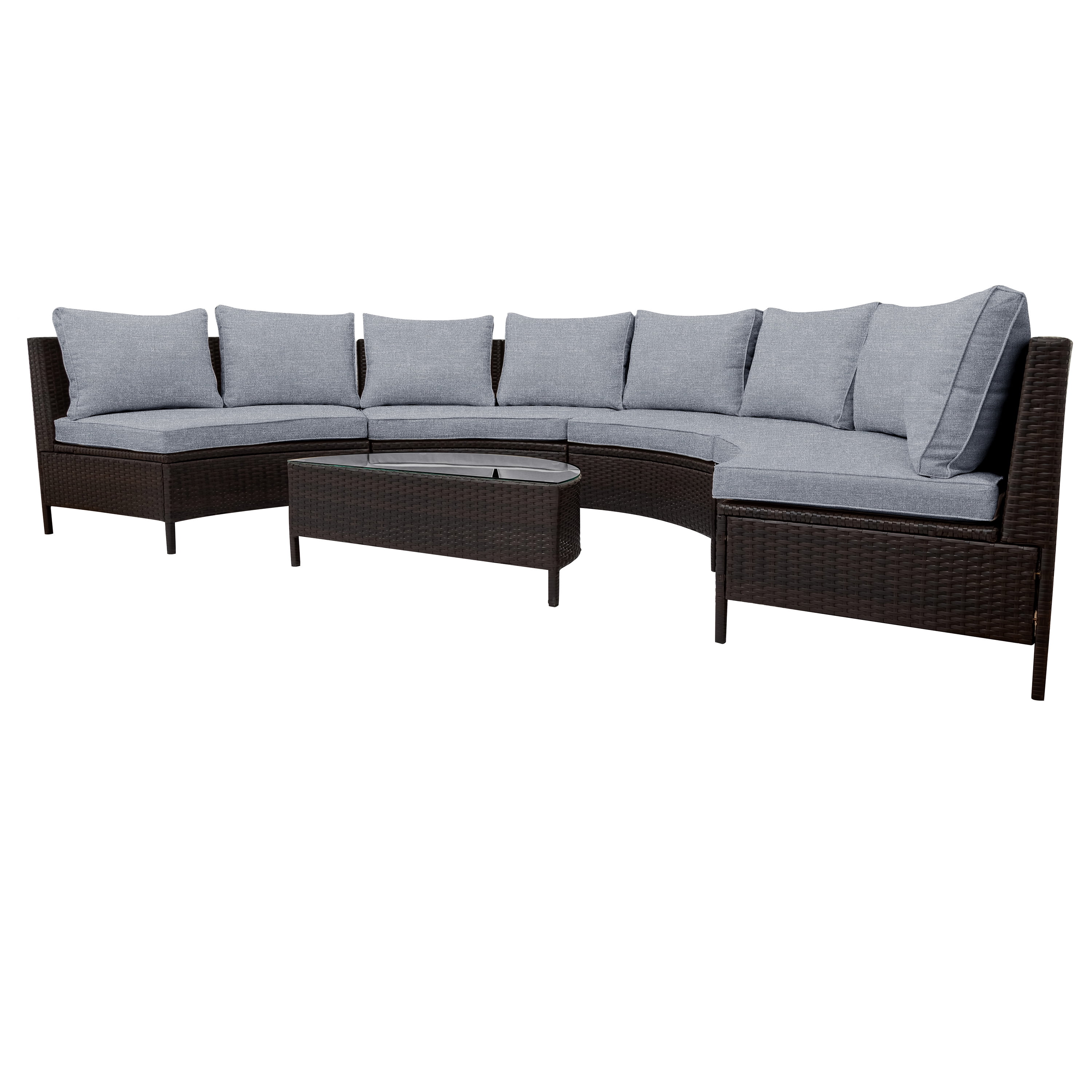 Harper & Bright Designs 5 Pieces Half Moon Outdoor Sectional Sofa Set, Patio All-Weather PE Wicker Furniture with Pillows, Cushions and Half-Moon Tempered Glass Table, Grey